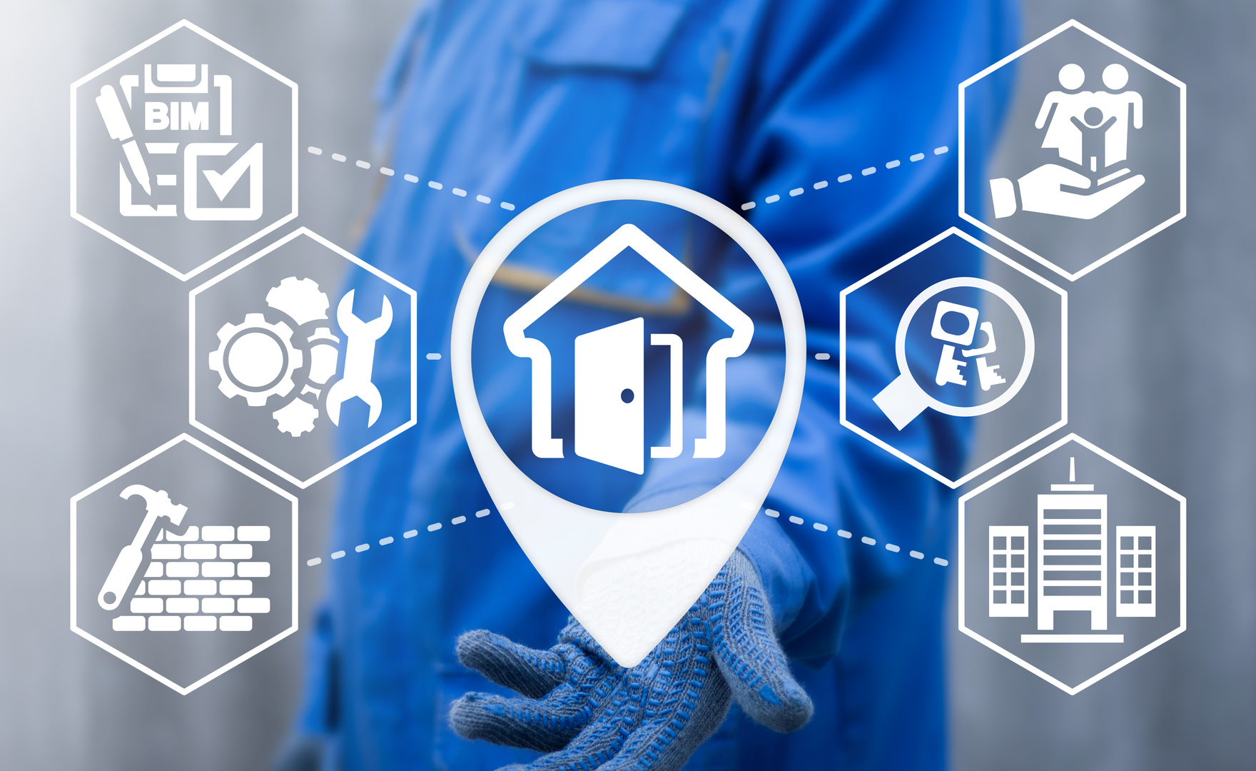 Worker offers location house open door icon on a virtual interface. Real Estate Property Apartment House Build Construction BIM Designing Architecture Business Industry concept.