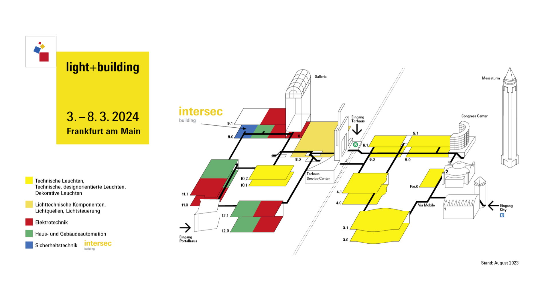 Der Geländeplan der Light + Building 2024 zeigt die verschiedenen Angebotsbereiche auf einen Blick. (Quelle: Messe Frankfurt Exhibition GmbH)