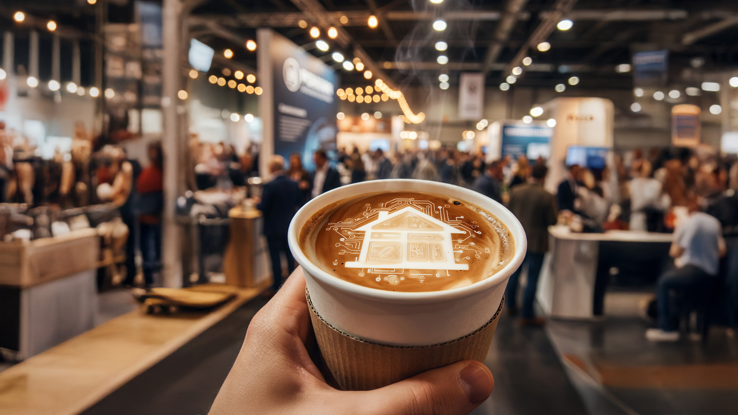 A cup of coffee is held in one hand.