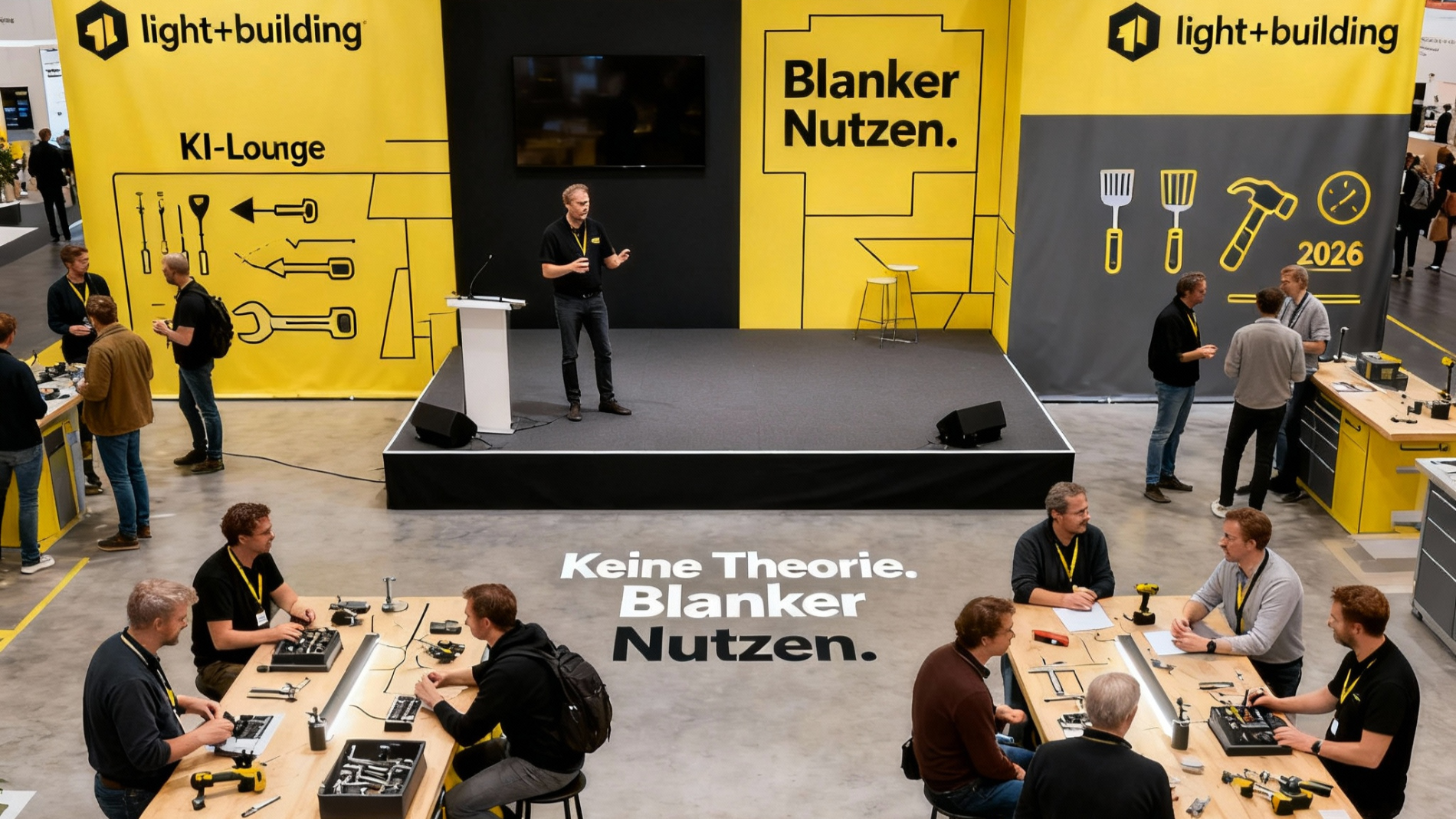 Besucher in der KI-Lounge auf der Light + Building tauschen sich aus