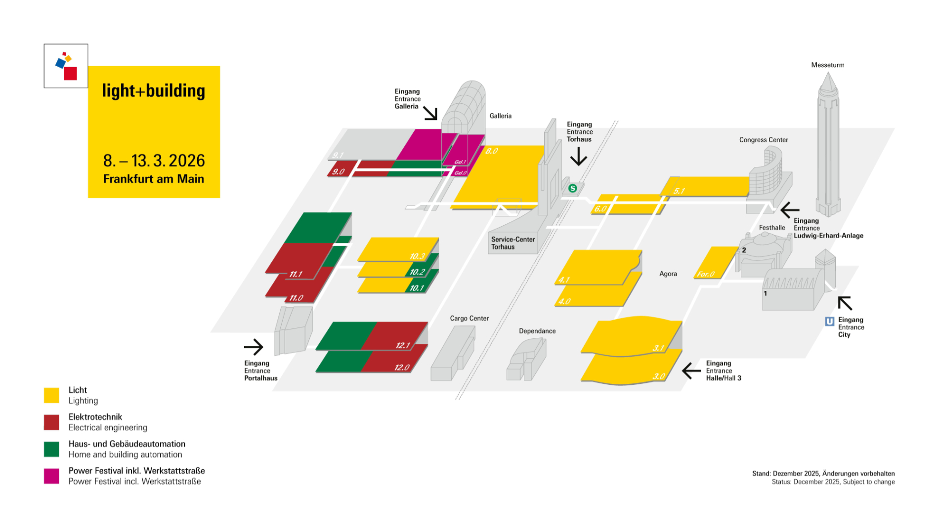 Der Geländeplan der Light + Building 2026 gibt einen Überblick über die verschiedenen Angebotsbereiche. (Quelle: Messe Frankfurt Exhibition GmbH)