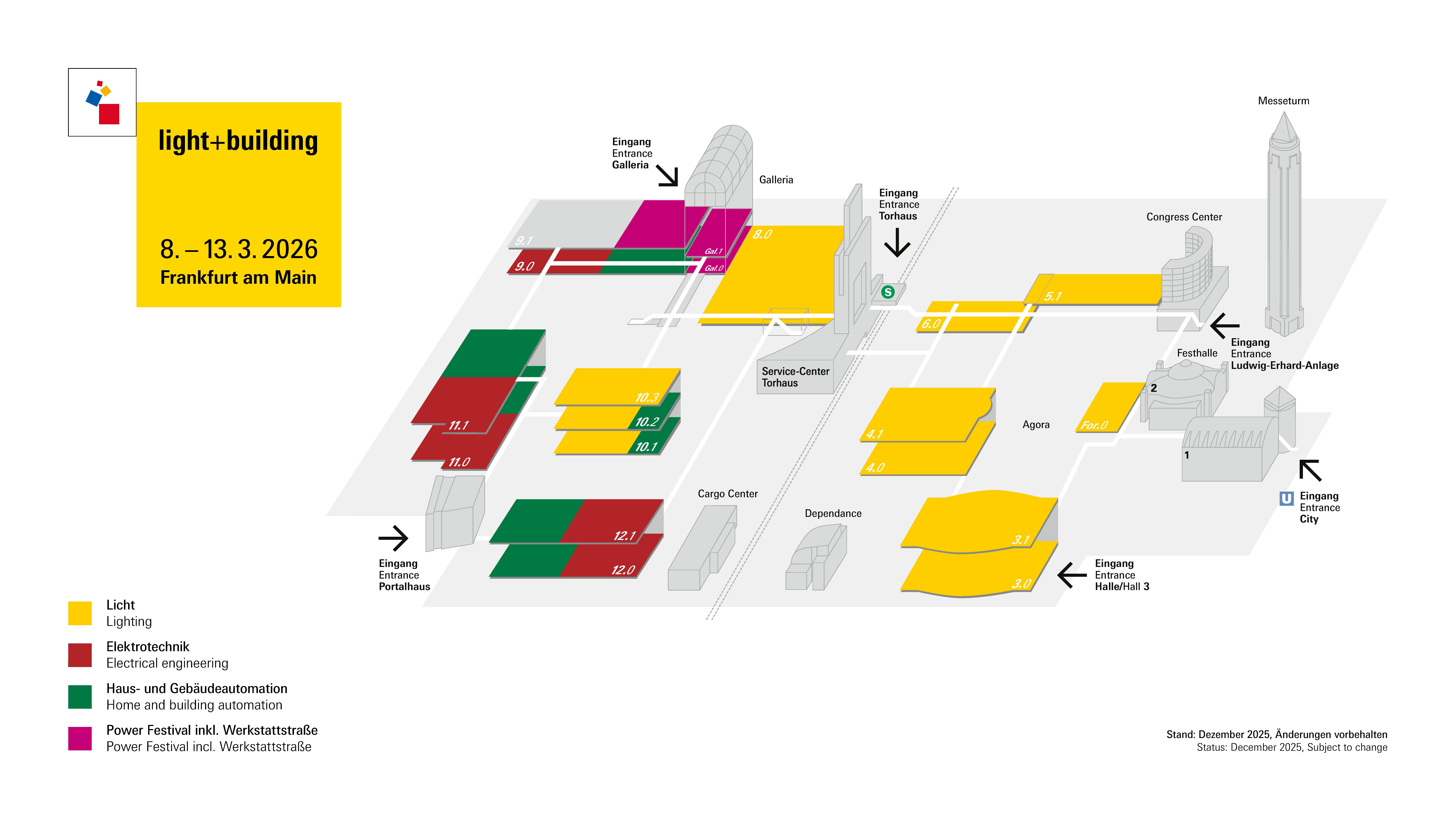 Der Geländeplan der Light + Building 2026 gibt einen Überblick über die verschiedenen Angebotsbereiche.