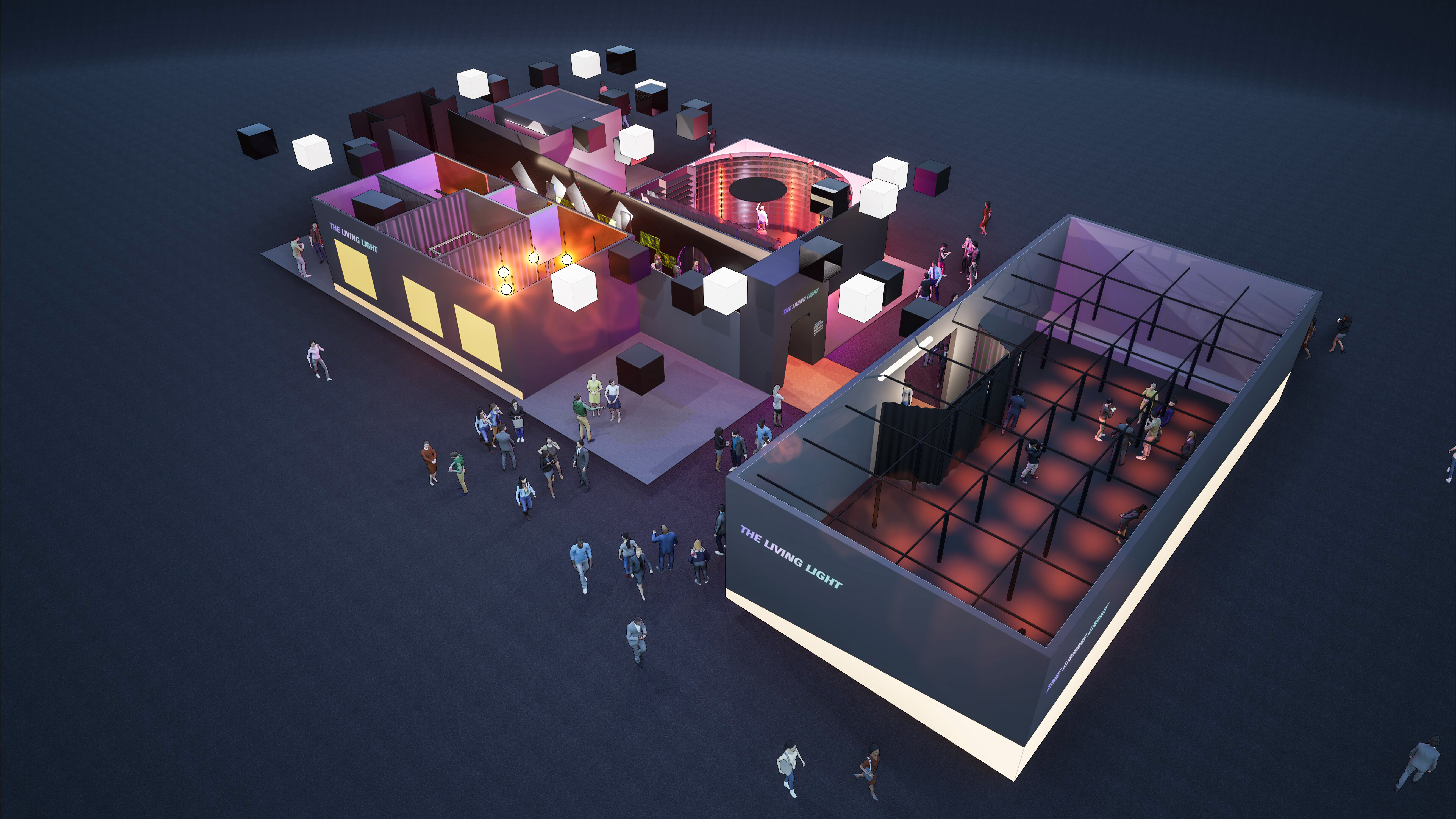 Visualization of the special presentation “The Living Light”: a light-designed journey connecting four areas of life into a holistic spatial experience.